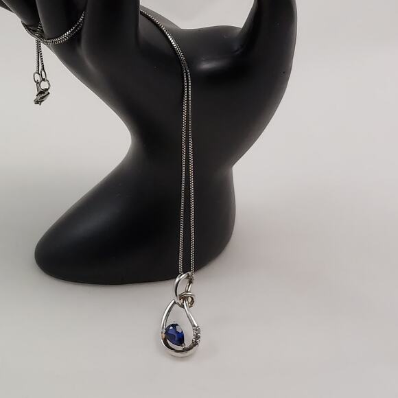 Blue Sapphire & Diamond Teardrop Knot Pendant Necklace Sterling 18" Chain 925 - Picture 2 of 10
